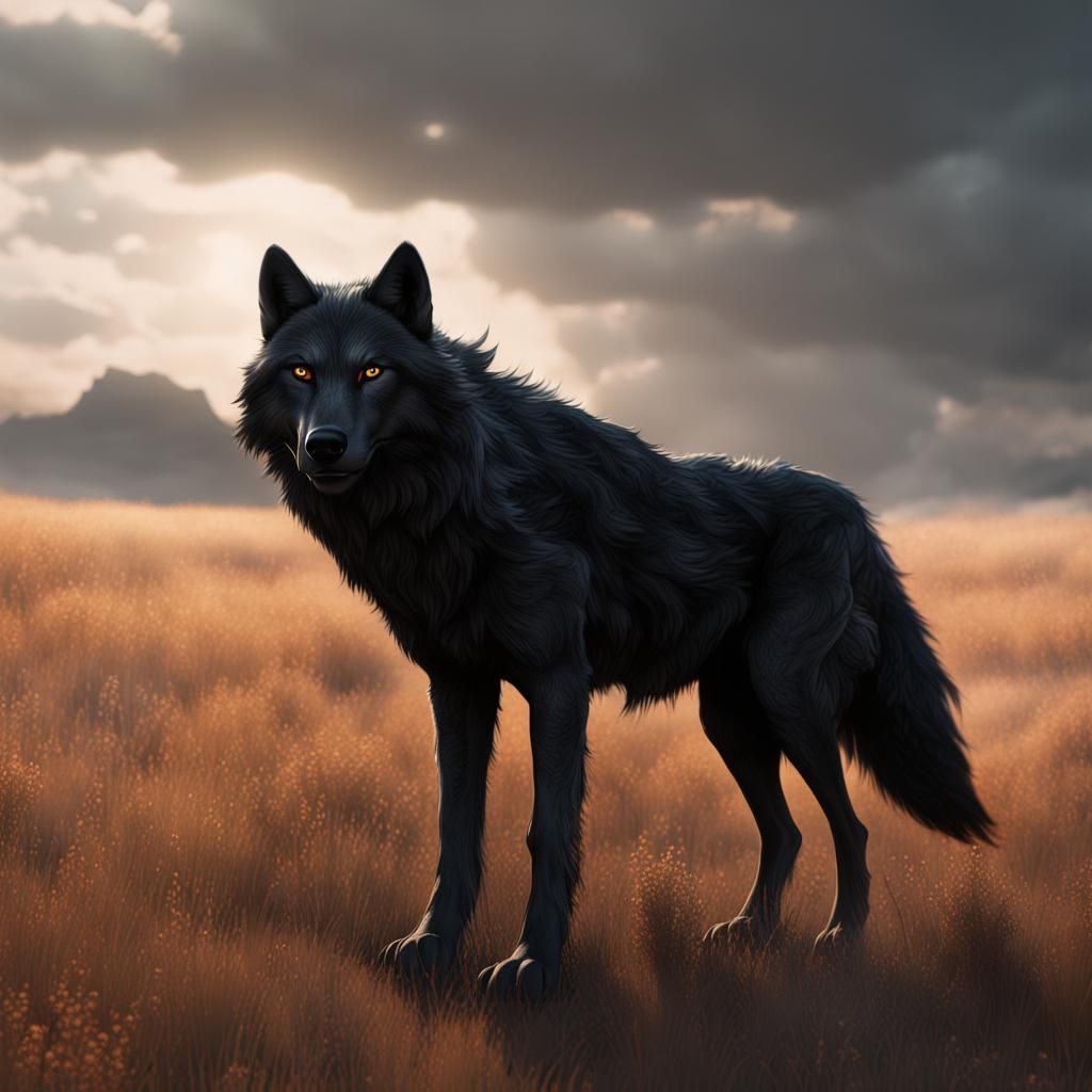 Jet Black Wolf in the Great Plains
