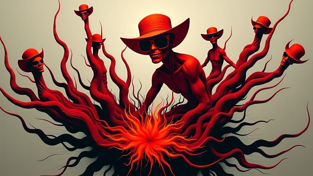 Surreal Vermilion Demon Explodes from Abstract Canvas