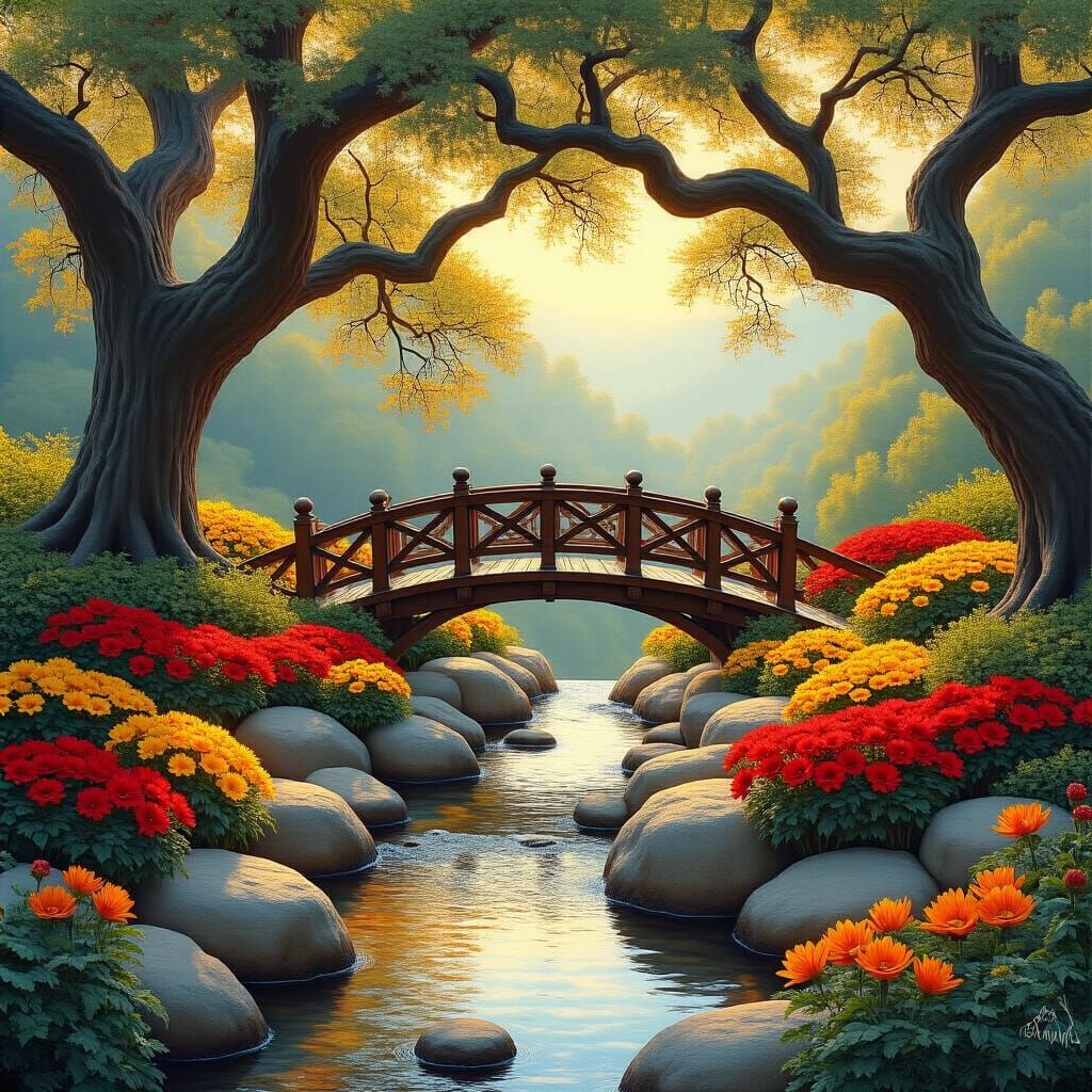 Ornate Rock Garden With Bridge, Golden Age Illustration