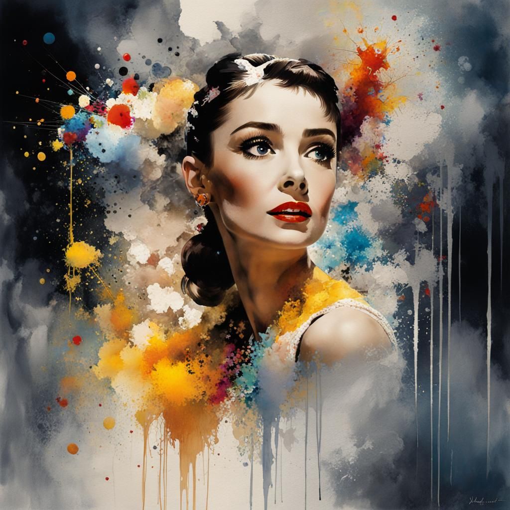 Audrey Hepburn Portrait in Watercolor Splash Art