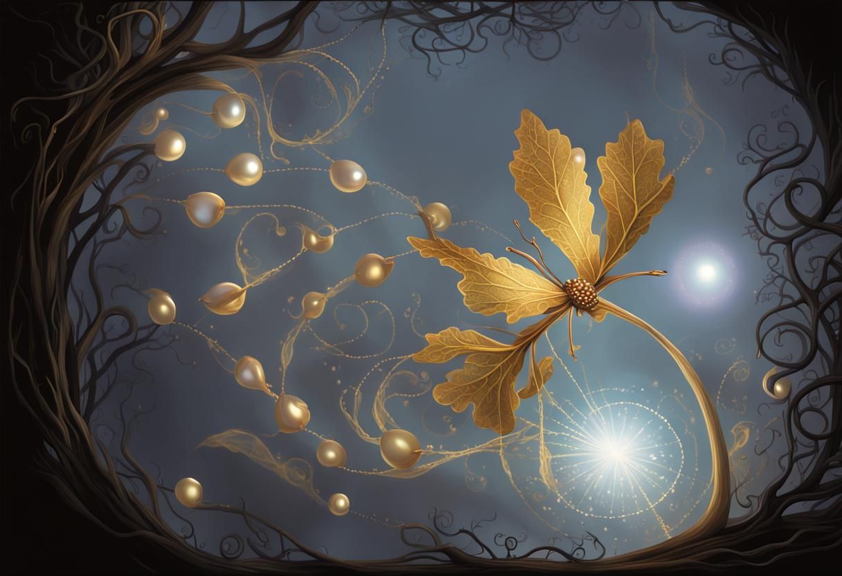 Golden Butterfly Controls Floating Leaf, Surrealist Style