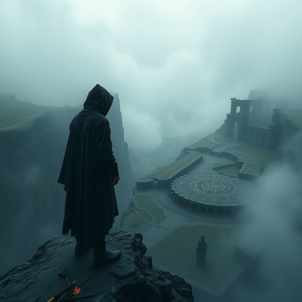 Lone Figure Stands on Mysterious Ruins-Covered Valley
