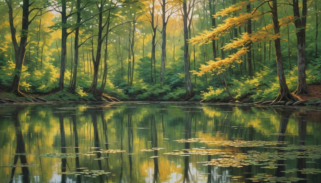 Sunlit Lake in Forest: Impressionist Artwork