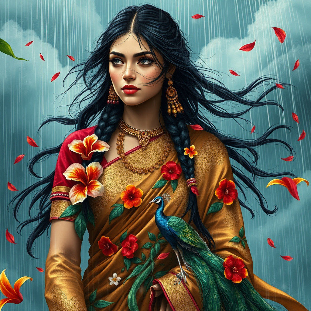 Woman in Monsoon Sari: Expressionist Indian Art