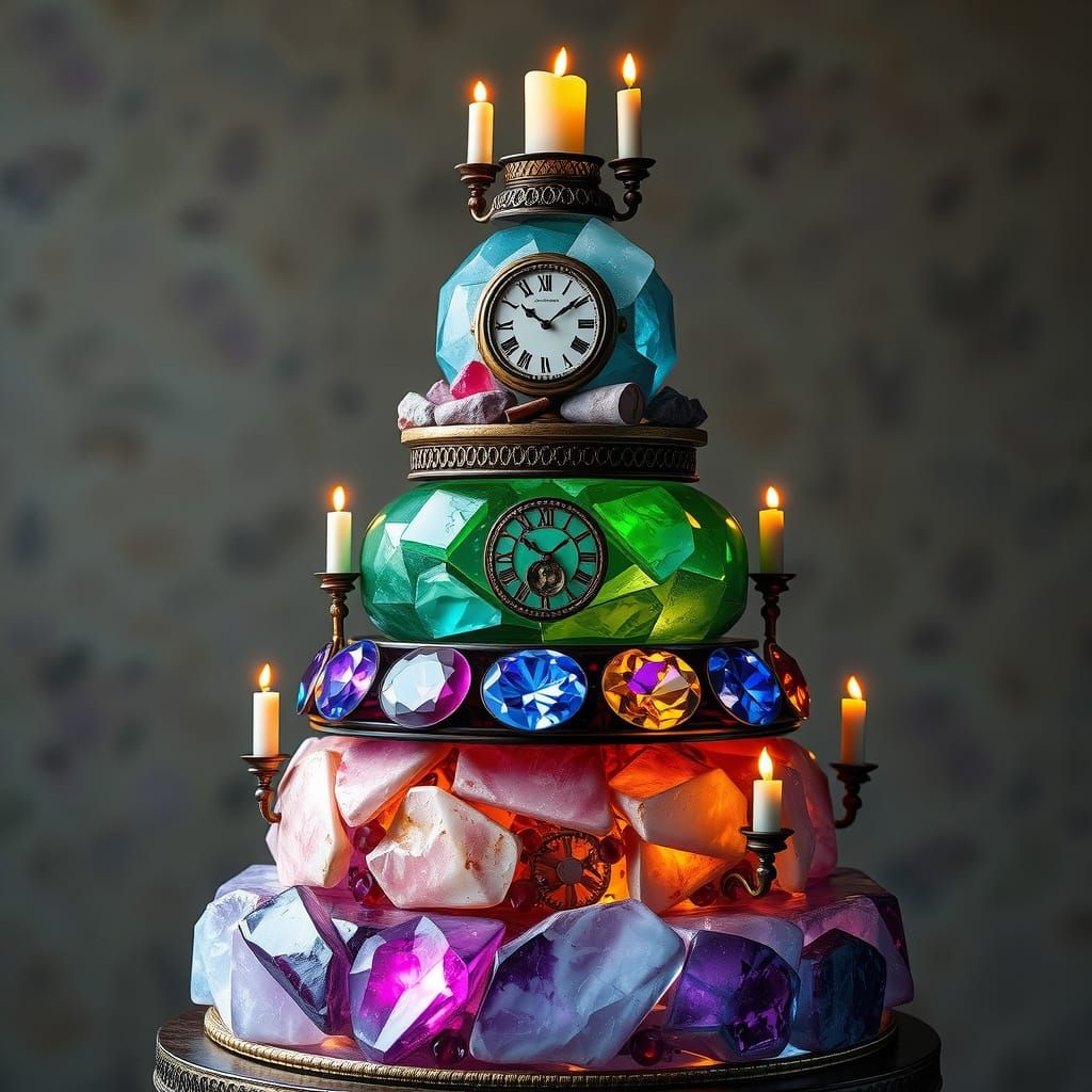 Gemstone Layer Cake with Clockwork, in Art Nouveau Style