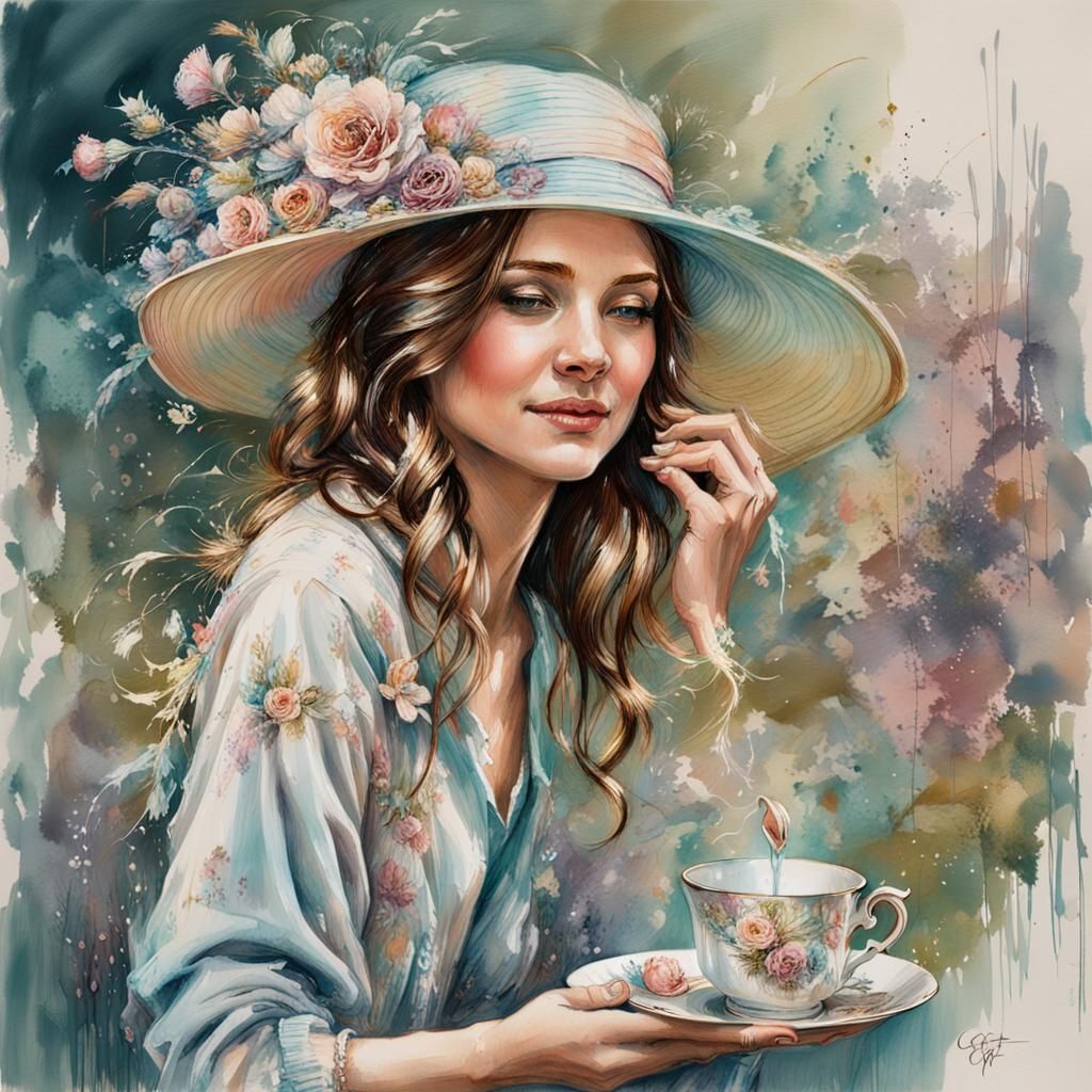 Elegant Lady Pouring Tea in Carne Griffiths Style