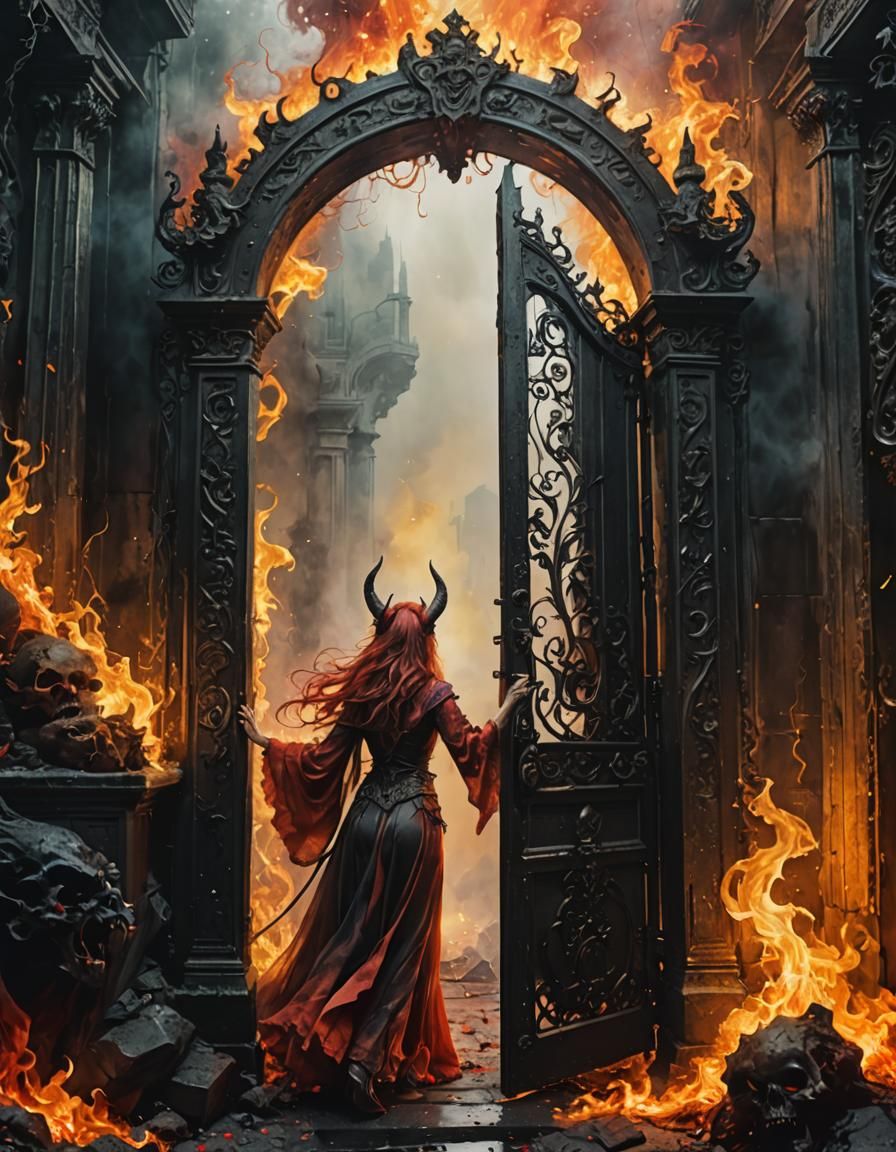 She-Devil Opens Gate to Hell in Watercolor Art