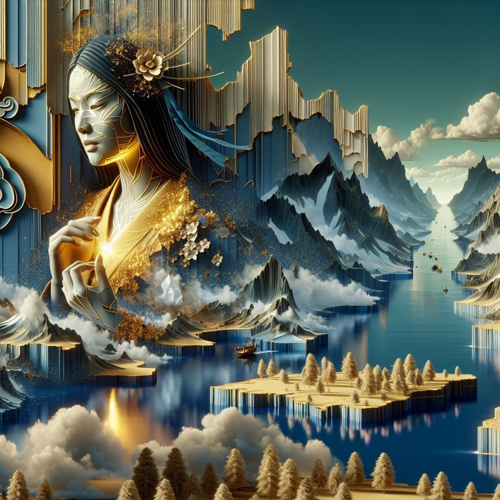 Kintsugi Woman Mends Surreal Landscape in 3D