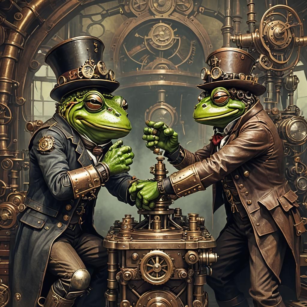 Frog and Captain Arm Wrestle with Steampunk Engine