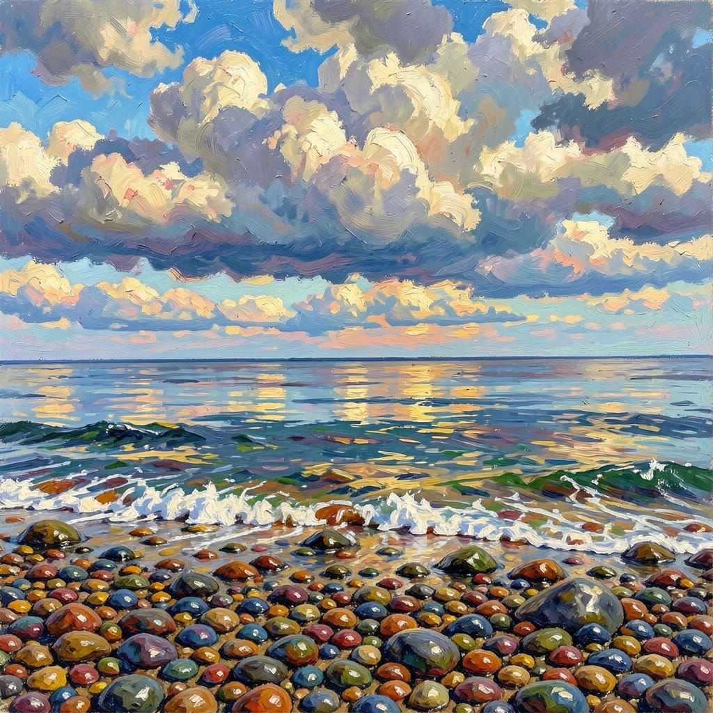 Impressionistic Oil Painting of a Rocky Beach Under Dramatic...