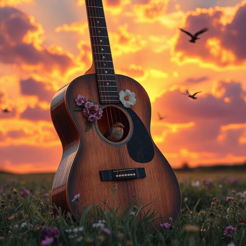 Guitar in Meadow at Sunset with Flowers and Sparrow