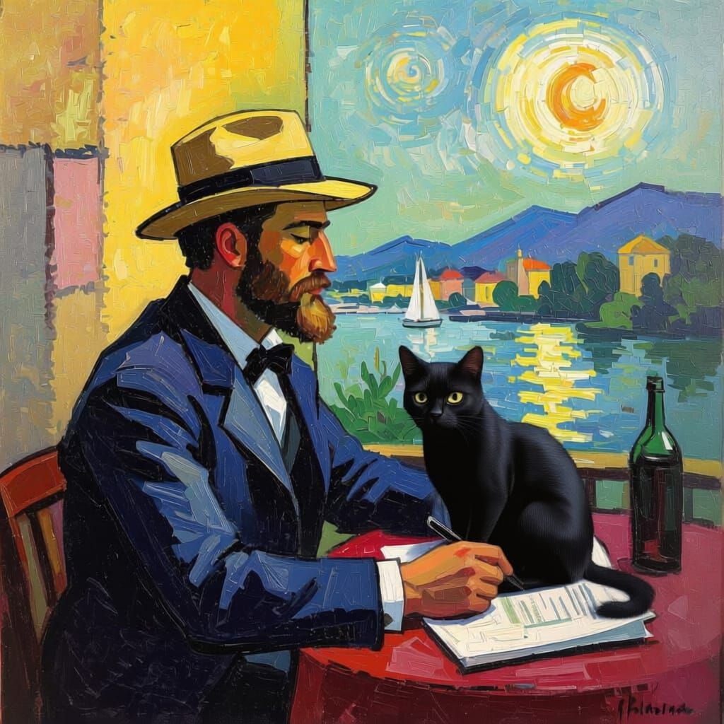 Vibrant Neo-Impressionist Cat Painting in Bold Colors