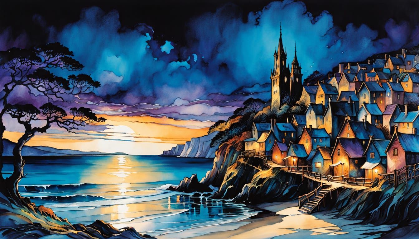 Coastal Village in Ethereal Evening Light