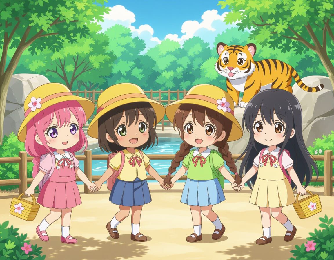Cute Kindergarten Girls at Ueno Zoo in Anime Style