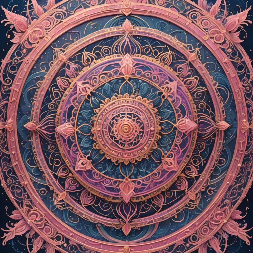 Intricate Pink Mandala Against Blue, Digital Art