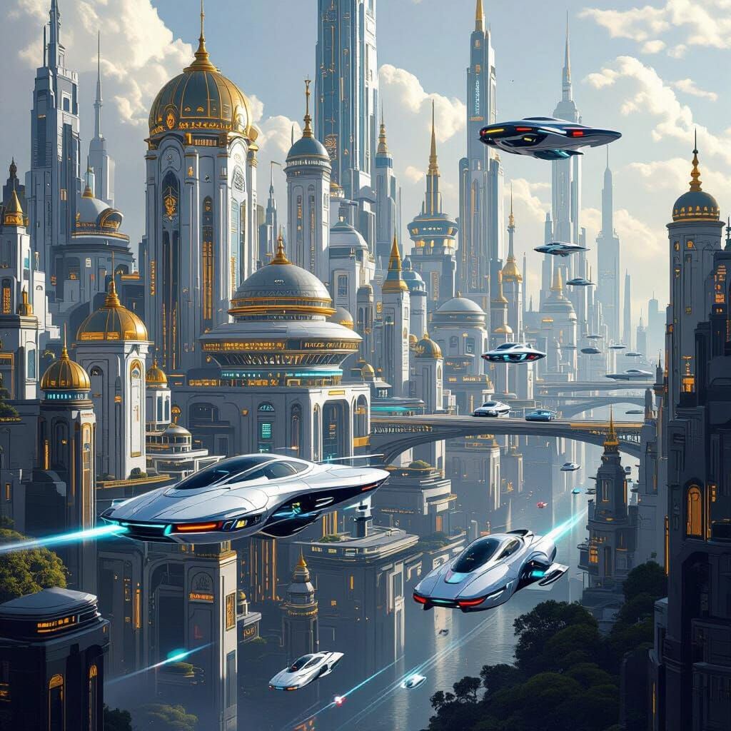Futuristic Cityscape with Flying Cars in Cyberpunk Style