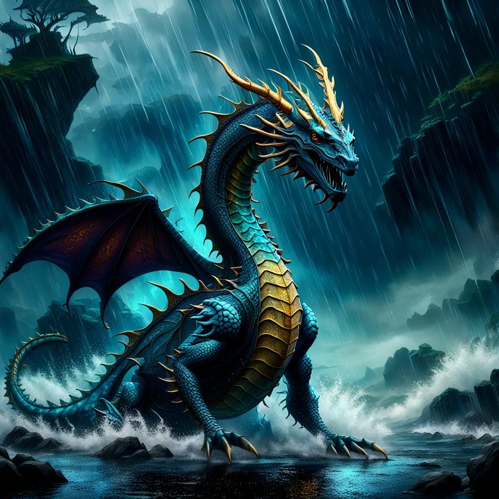 Sea Dragon in Rain: Detailed Fantasy Art