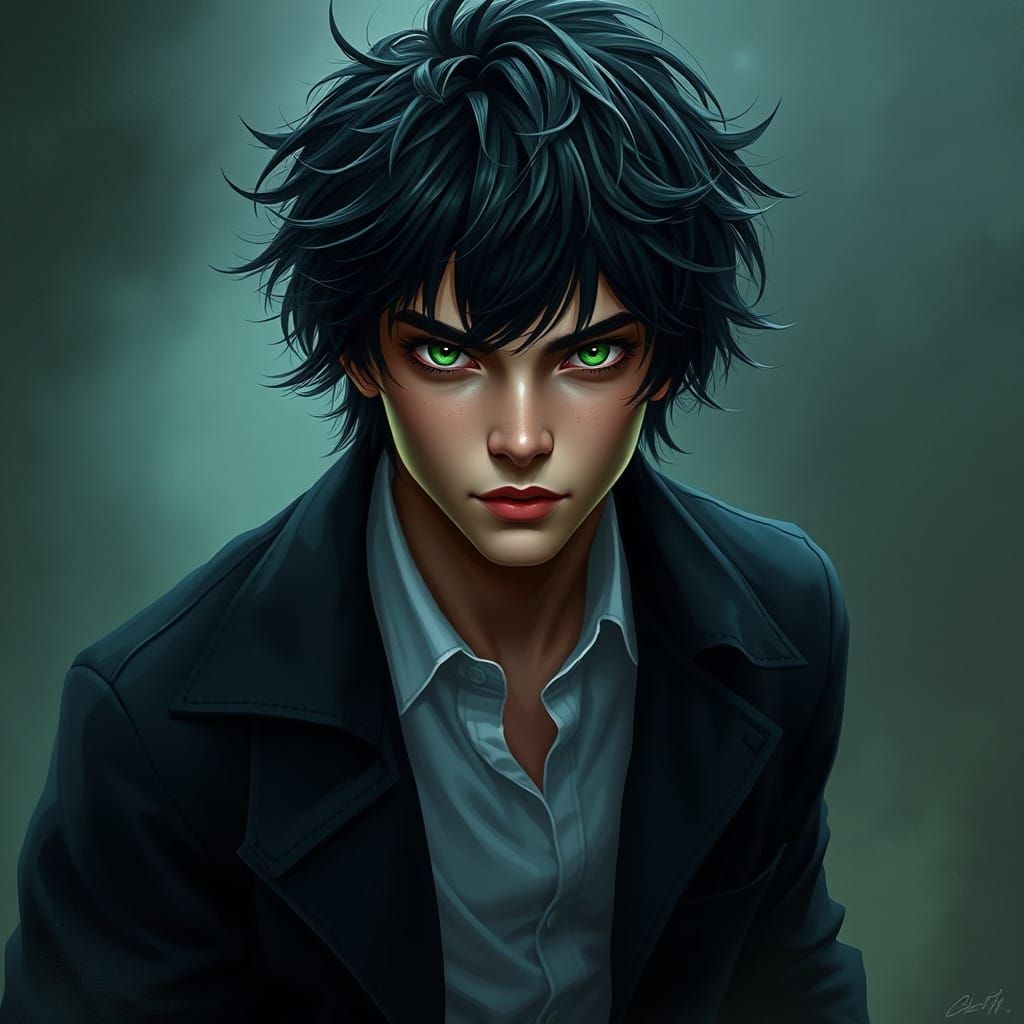 Young Man with Mysterious Green-Hued Hair and Piercing Eyes