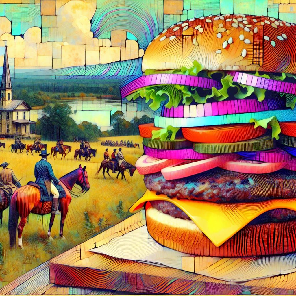 Hamburger in Neo-Pop Collage Style with Sketchy Linework