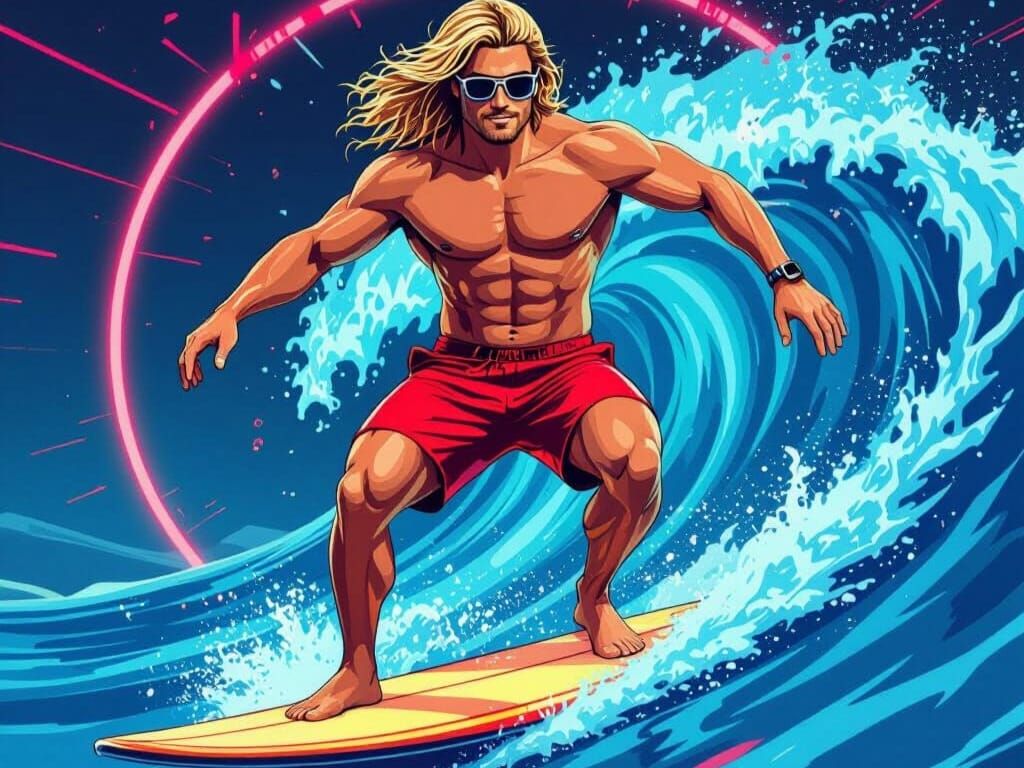 Surfer on Circuit Board in Synthwave Style