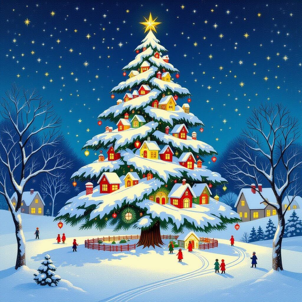 Whimsical Christmas Tree Village Art