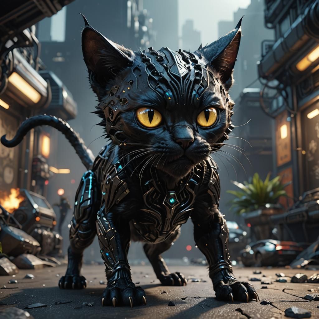 Aggressive Black Alien Cat Concept Art in 8k