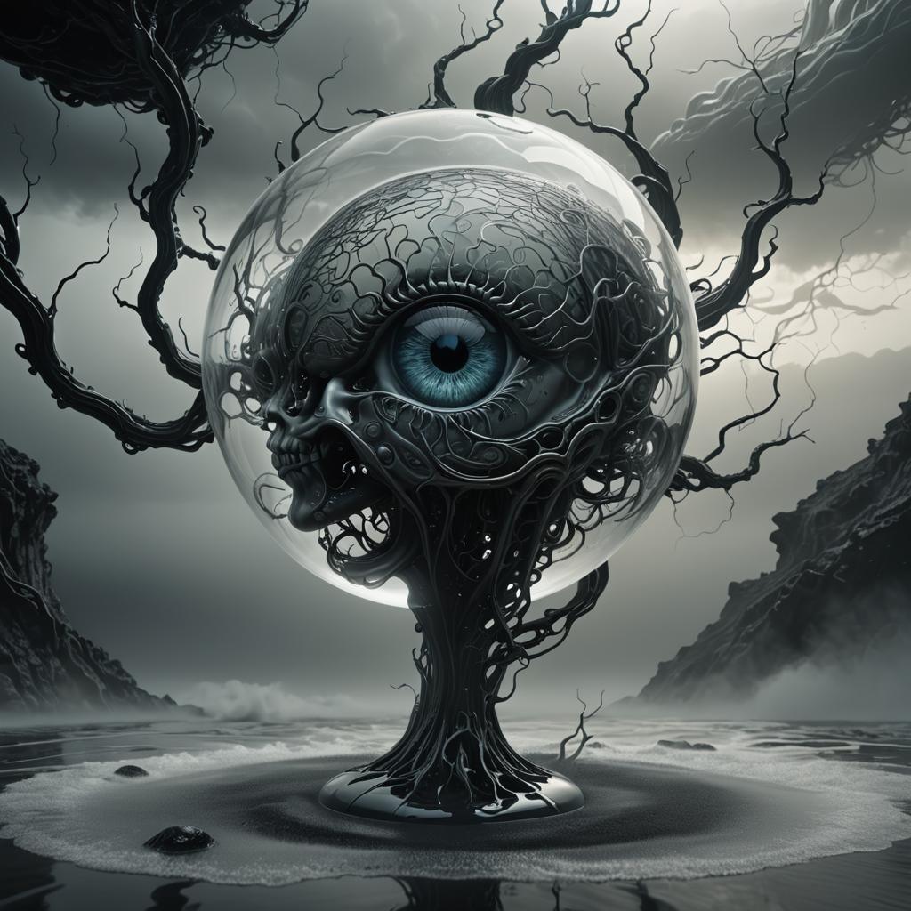 Glass 'A' with Brain, a Dark Sci-Fi Render