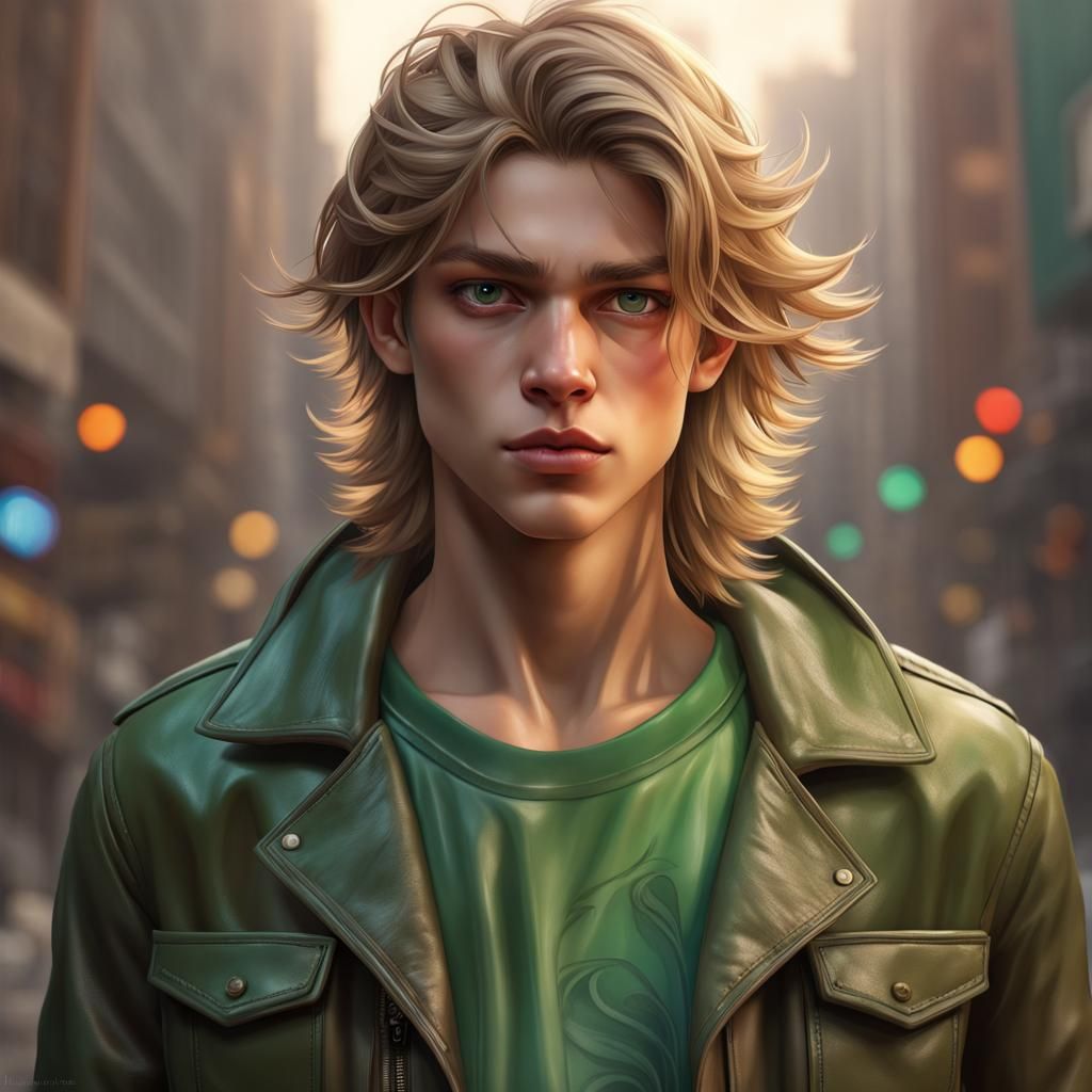Teenage Boy Portrait with Leather Jacket, Detailed Art