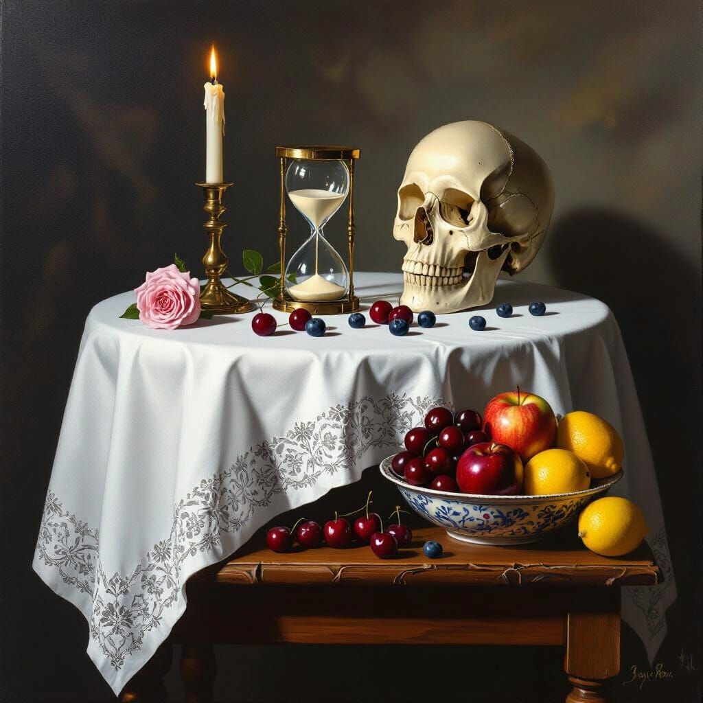 Dutch Golden Age Still Life: Skull, Candle, and Fruit