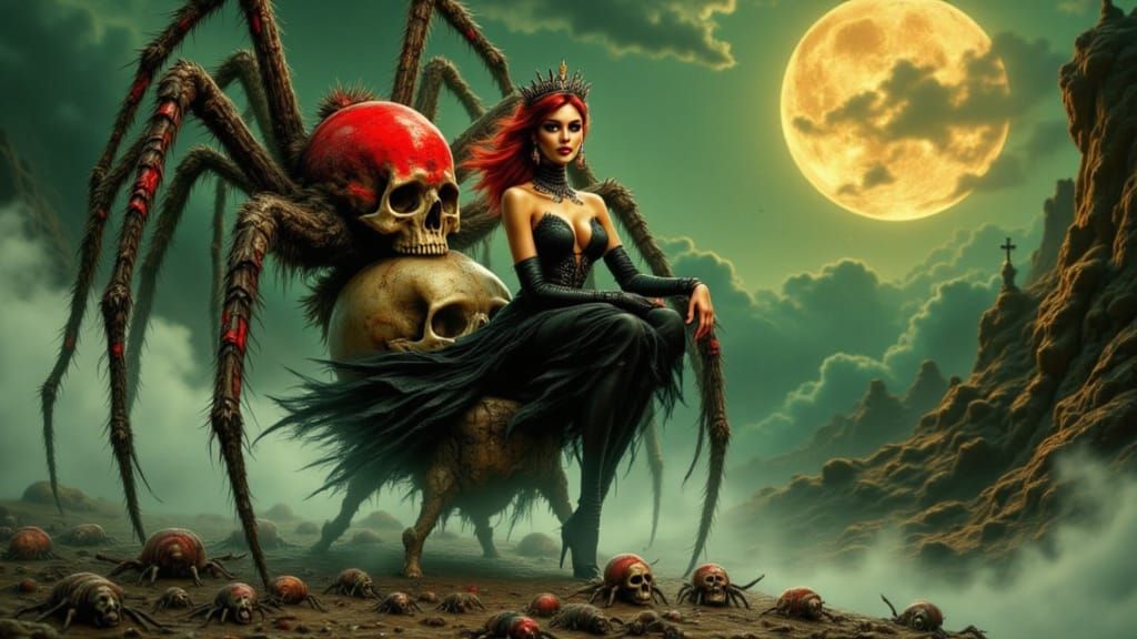 Wicked Queen on Throne with Giant Spider