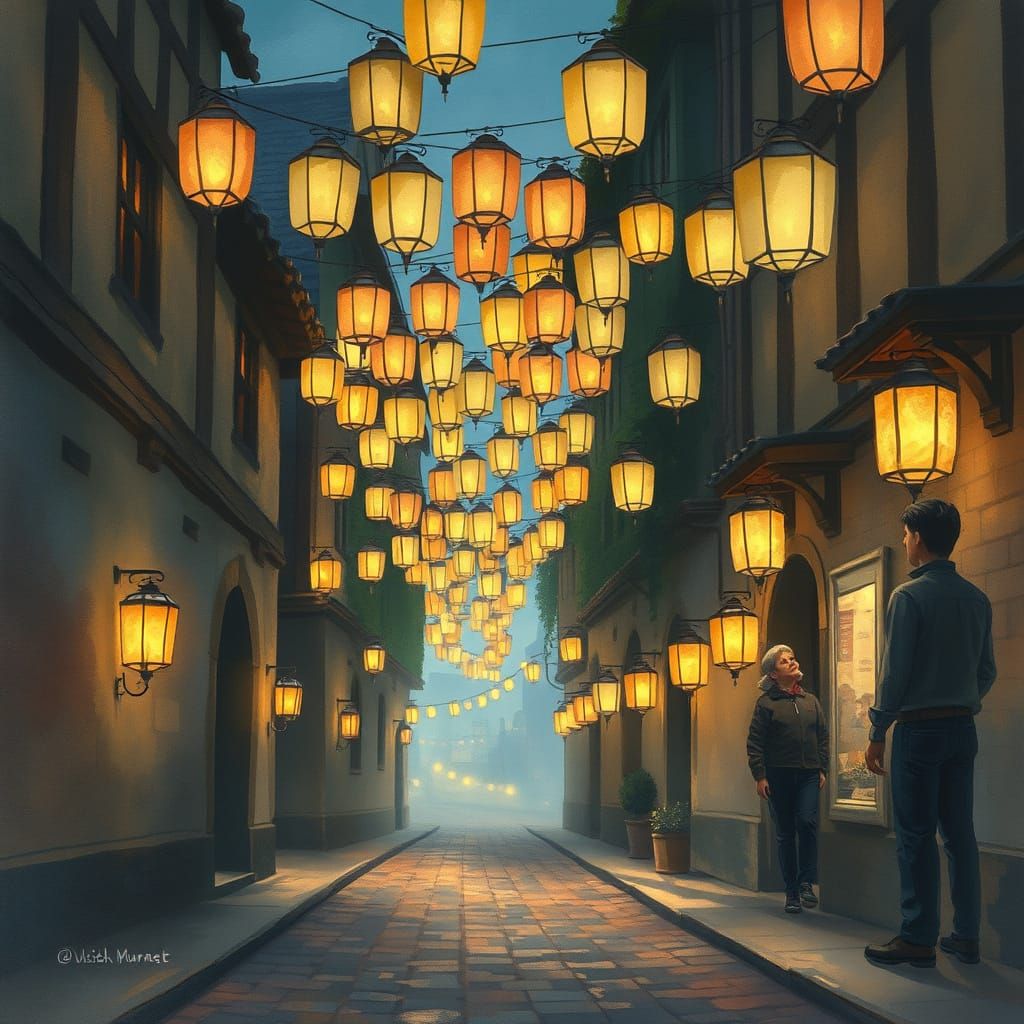 Ethereal Medieval Alley Lit by Starry Paper Lanterns