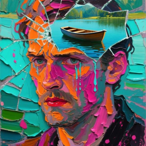 Impasto Mosaic Portrait of Moody Man with Lake Overlay