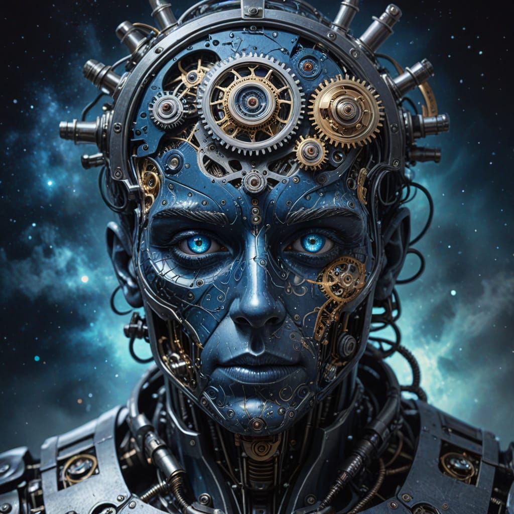 Surreal Double Exposure: Mechanical Eye Meets Cosmic Vista