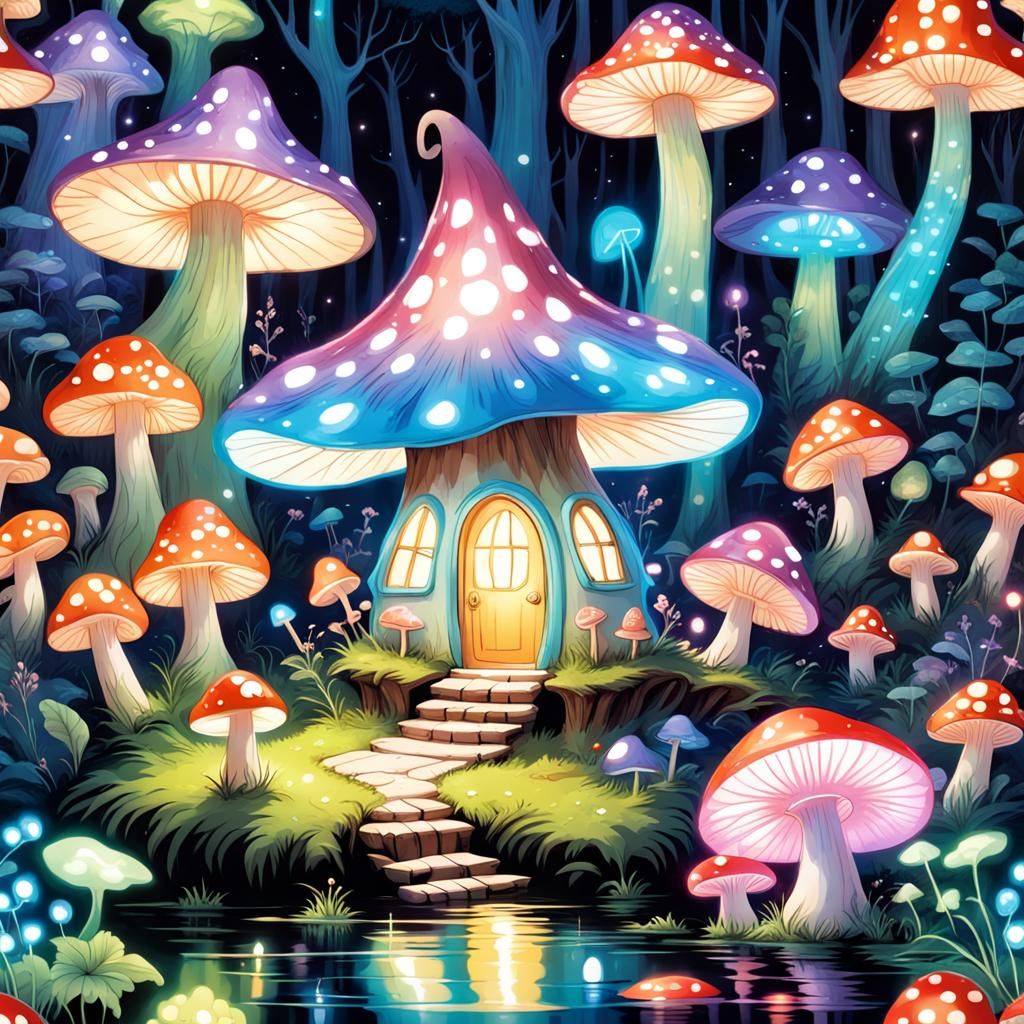 Enchanted Bioluminescent Forest Fairy Mushroom House