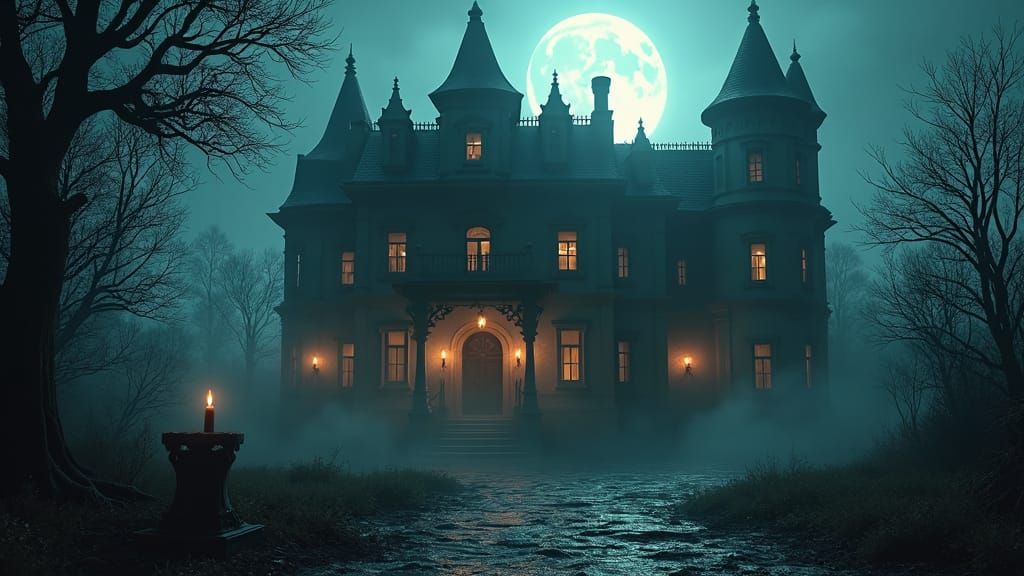 Haunted Mansion with Ghosts and Goblins in Eerie Fog