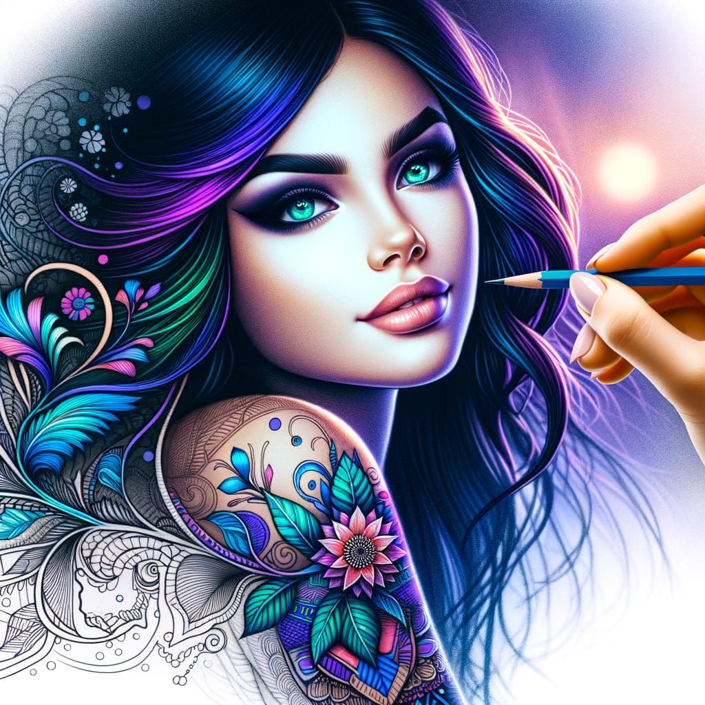 Ethereal Woman Portrait with Purple Highlights and Turquoise...