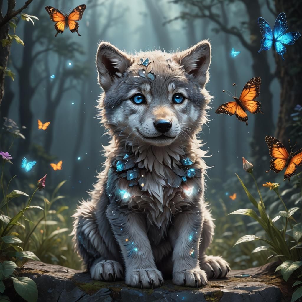 cute majestic wolf cub, with sparkly glowing butterfly on no...