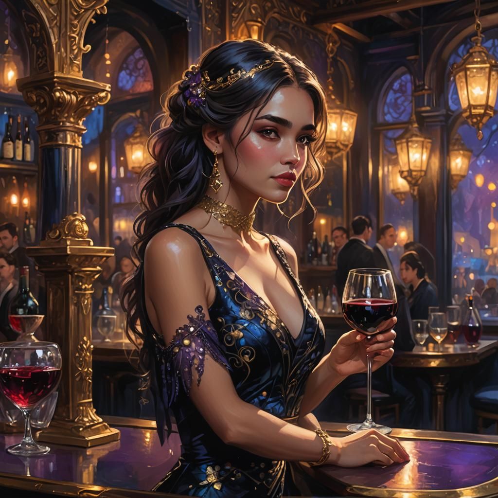 Elegant Girl at Bar in Fantasy Realism Style