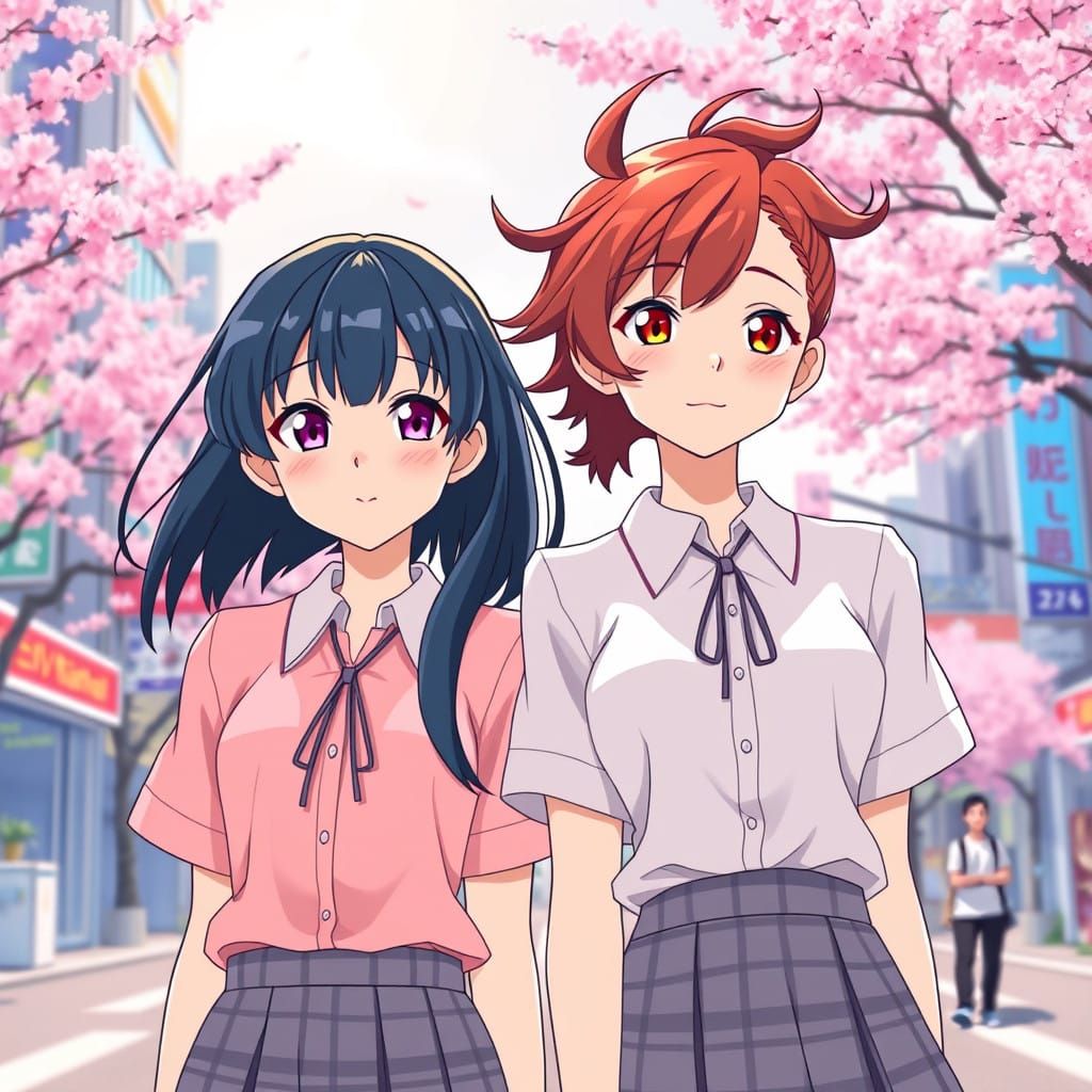 Anime Sisters in Vibrant Japanese Cityscape