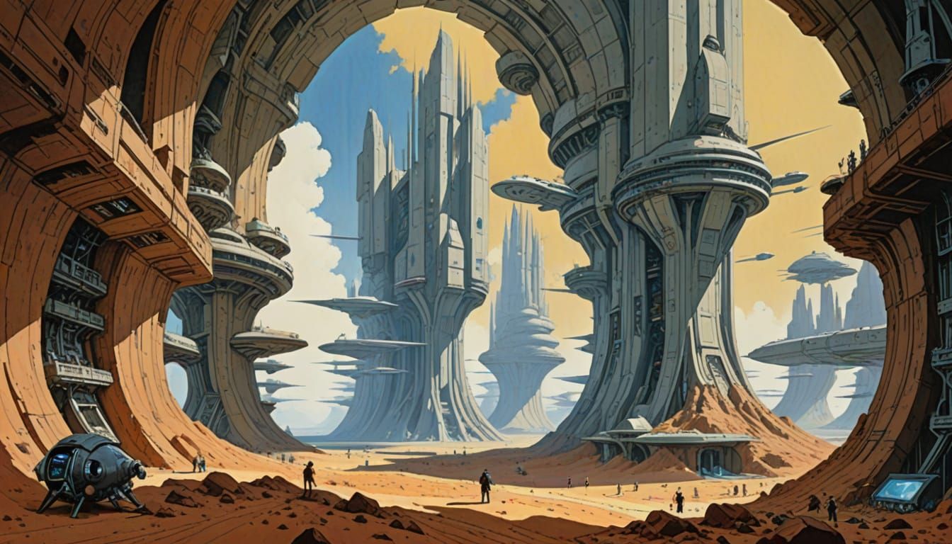 Utopian Spaceport Interior as Gouache Watercolor