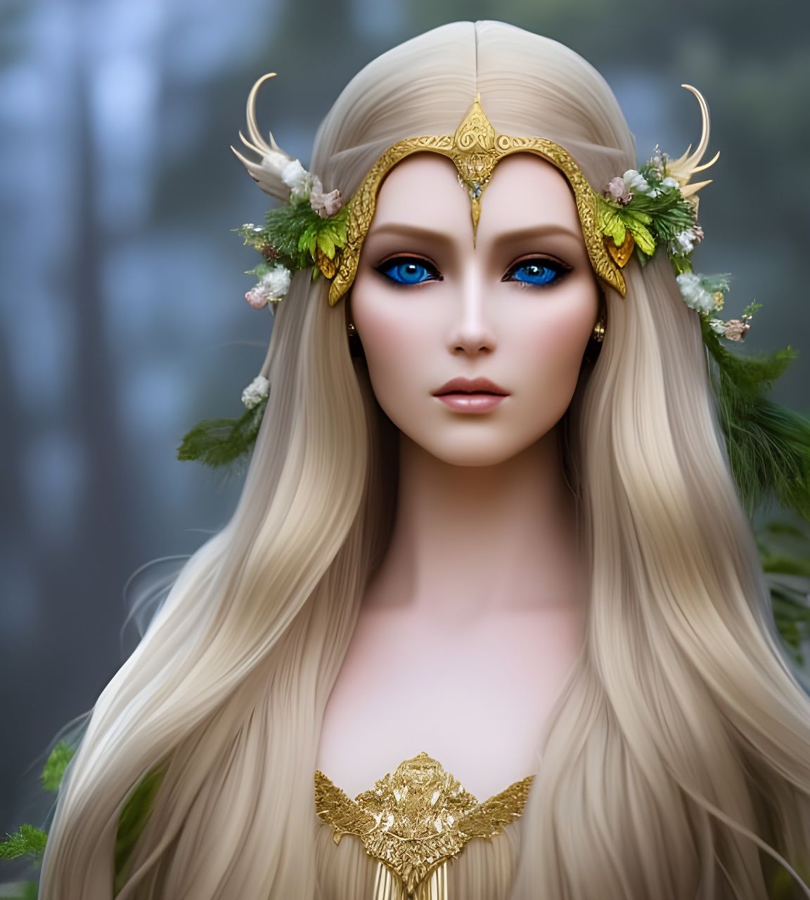 Gorgeous elven princess, upper body, long flowing blonde hair, brush stroked hair, circlet in hair, realistic soft pale ...