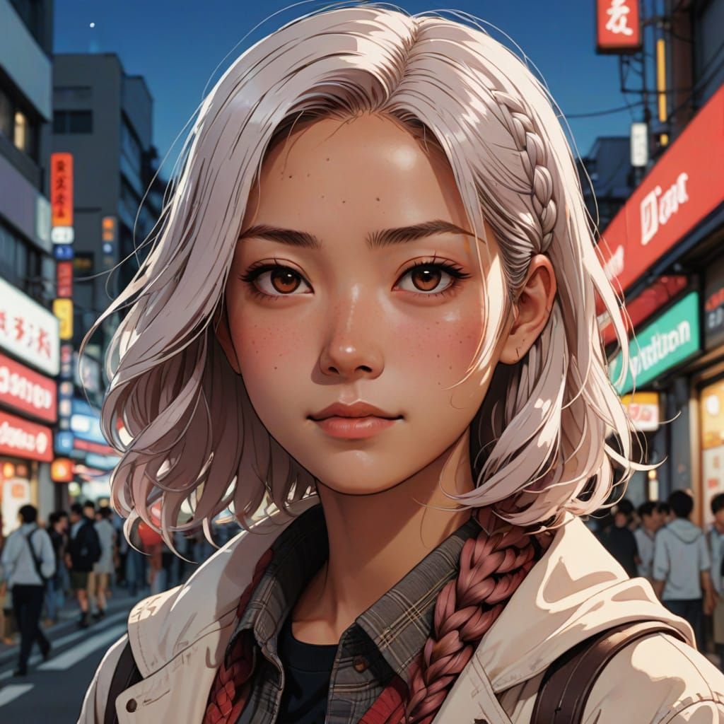 Vibrant Anime Portrait with Shiny White Hair