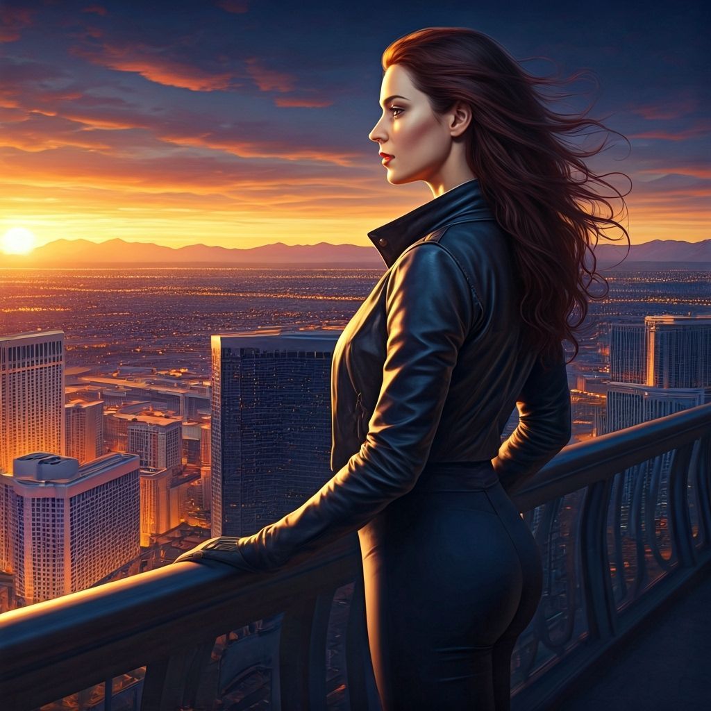 Woman on Las Vegas Skyscraper Terrace in Cinematic Style
