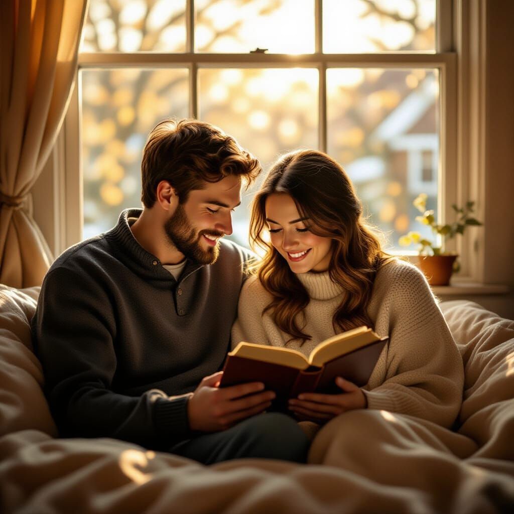Couple Reading Bible by Sunlit Window in Cozy Home