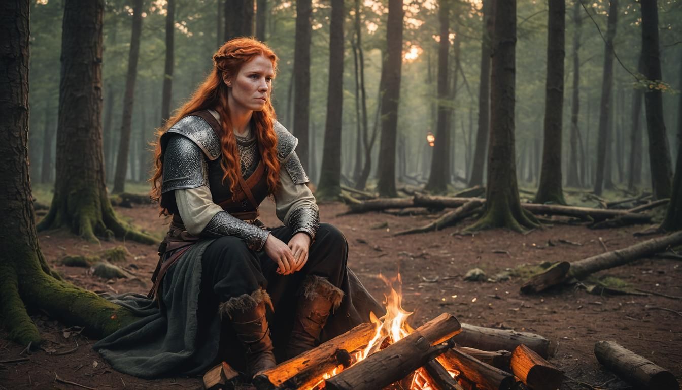 Viking Shieldmaiden by Campfire in Forest at Dusk