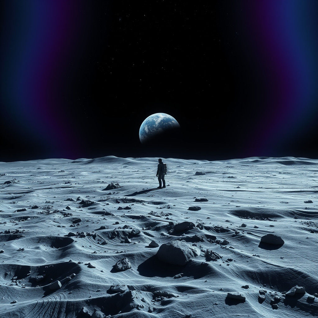 Surreal Lunar Landscape with Earth in Distance
