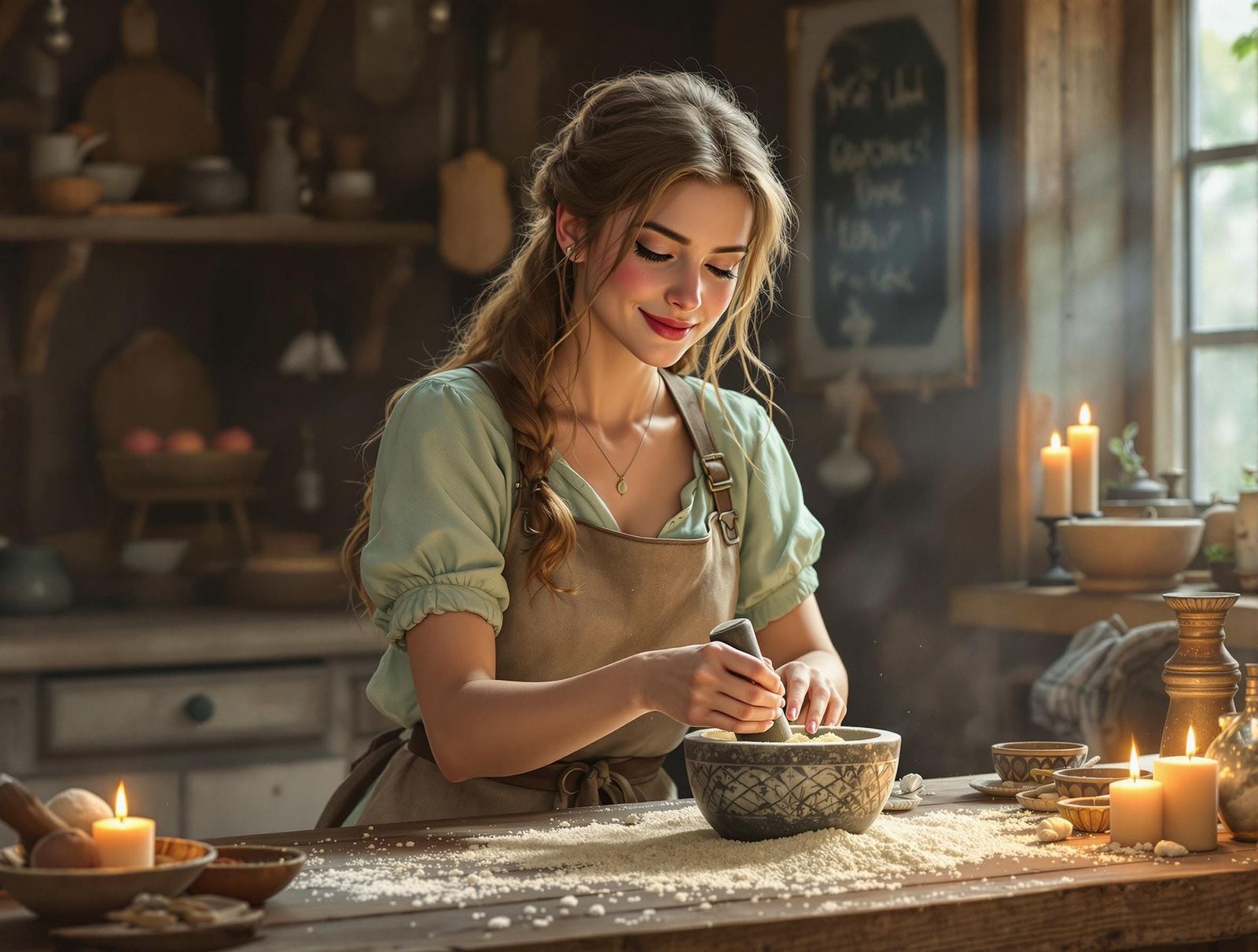 Norse Goddess Grinding Herbs in Candlelit Apothecary