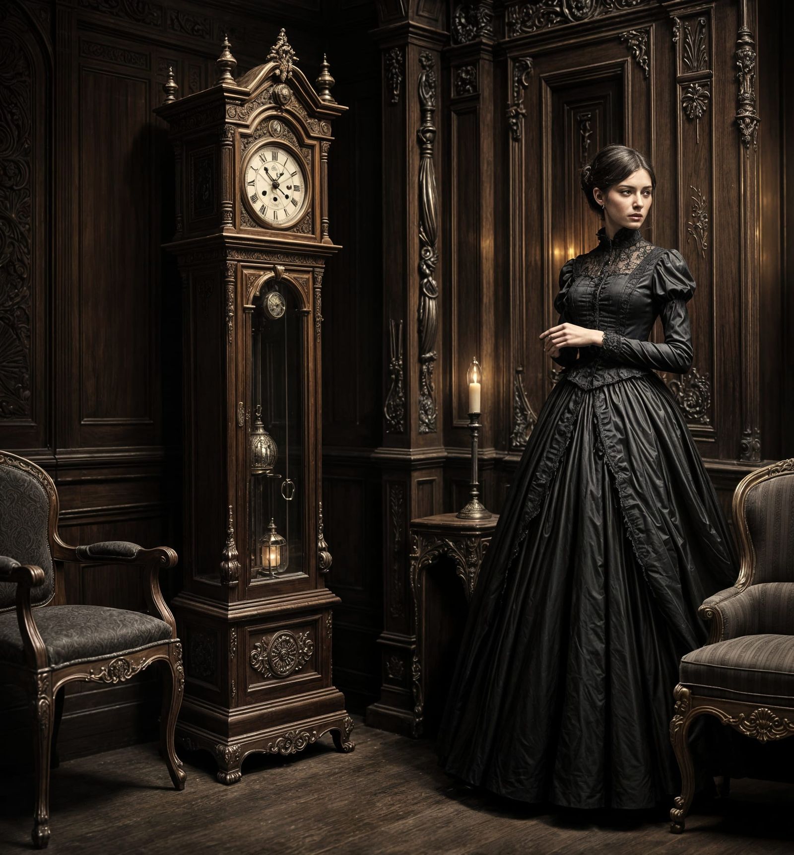 Victorian Woman Searches Clock, Dark Oil Painting