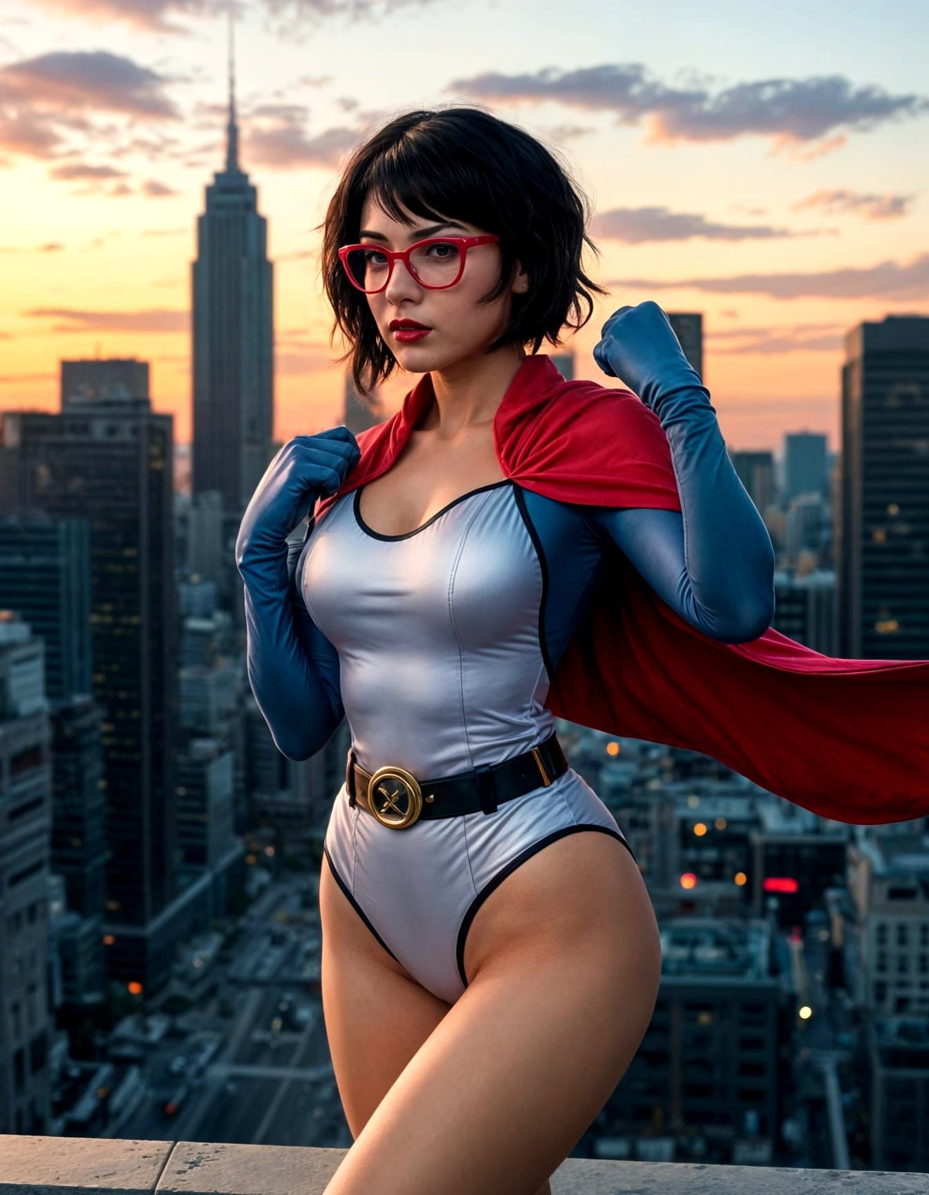 Superheroine with Red Glasses in City at Twilight