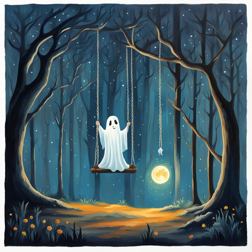 Ghost on a Swing in Enchanted Woods: Gouache Painting